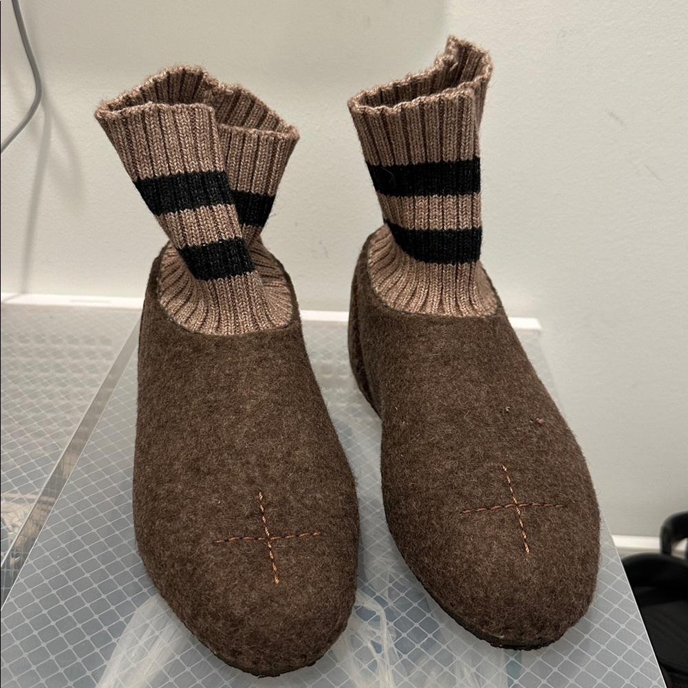 Zara Tan and Black Knit Slippers. Mongolian brand BABA